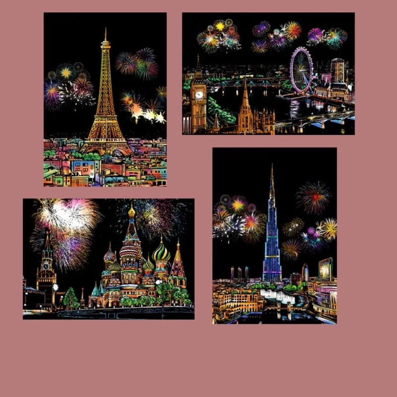 4 Pcs Magic Scratch Paper Set: City Night, Hot Air Balloon & Eiffel Tower - Creative Stress Relief Gift - storedevanci