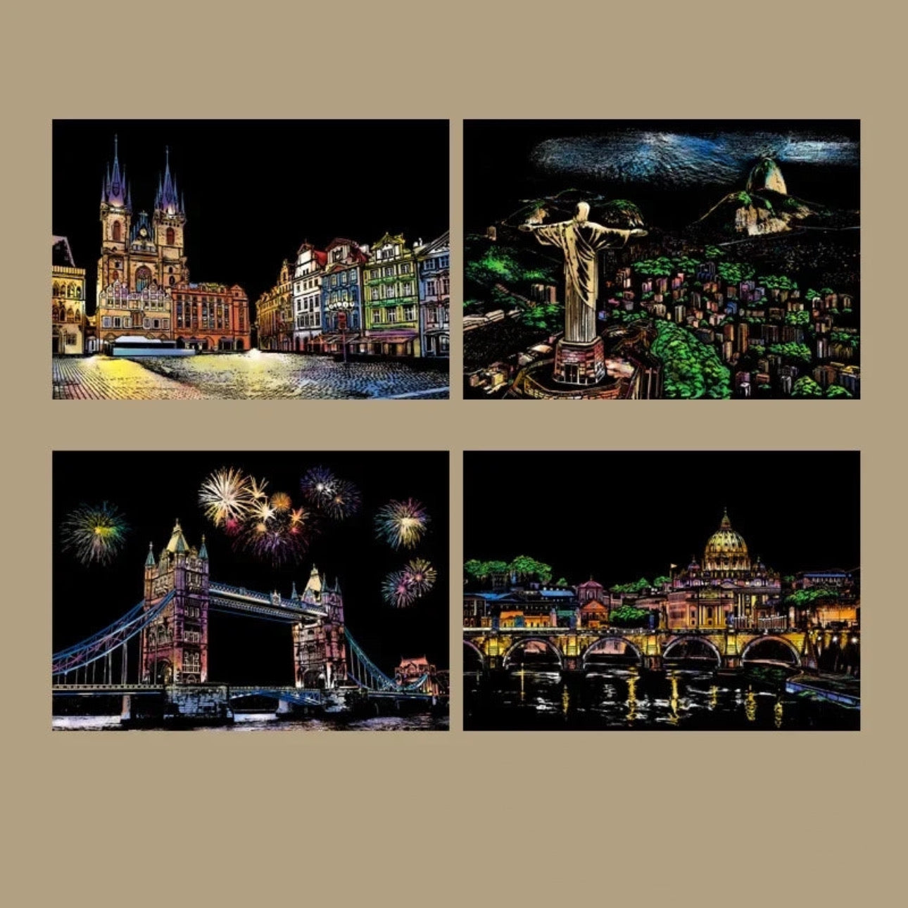 4 Pcs Magic Scratch Paper Set: City Night, Hot Air Balloon & Eiffel Tower - Creative Stress Relief Gift - storedevanci