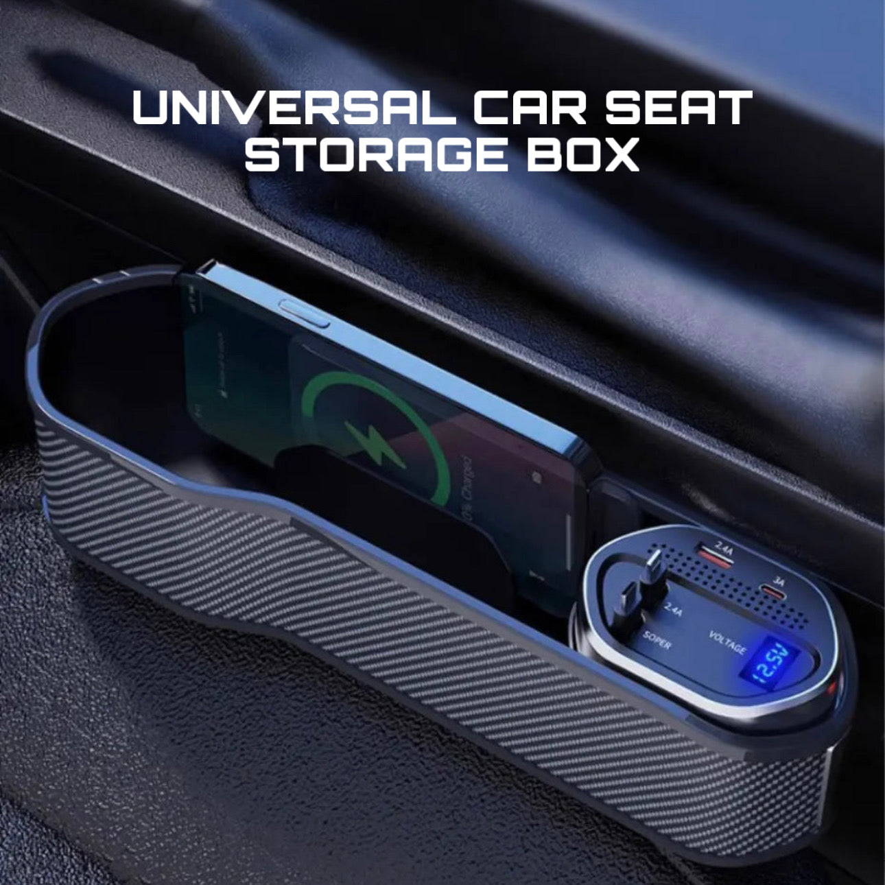 Wireless Charging Car Seat Gap Organizer with 40W USB-C/Lightning Fast Charge Cable Auto Center Console Storage Box