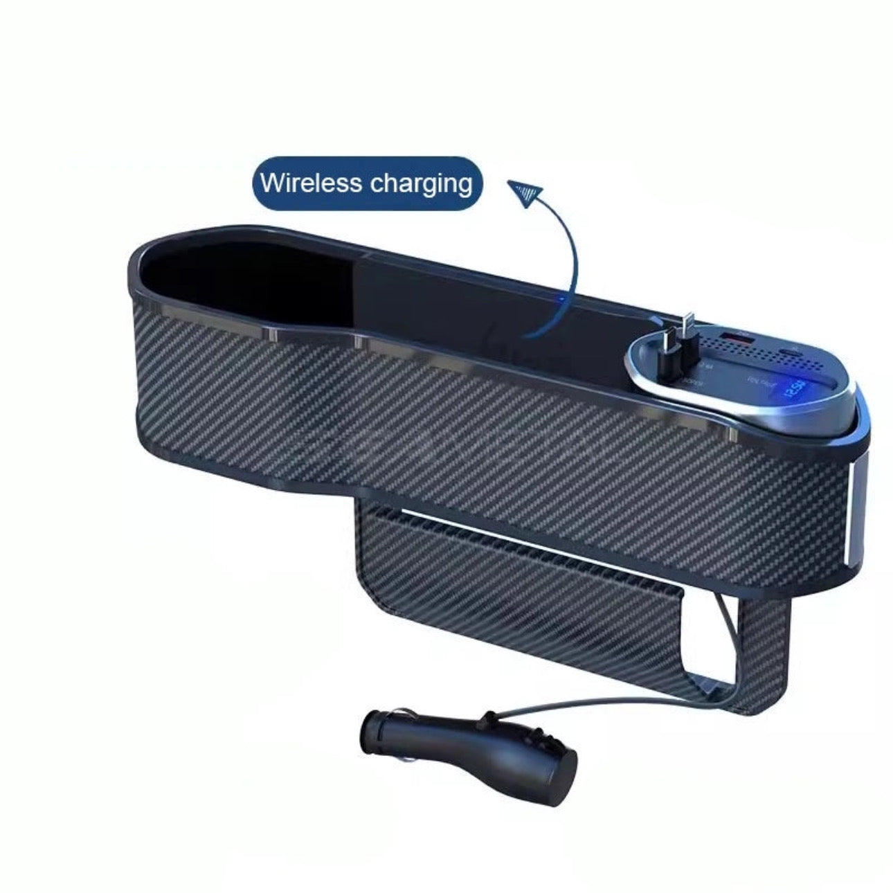 Wireless Charging Car Seat Gap Organizer with 40W USB-C/Lightning Fast Charge Cable Auto Center Console Storage Box