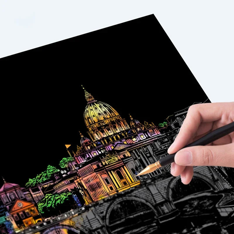 4 Pcs Magic Scratch Paper Set: City Night, Hot Air Balloon & Eiffel Tower - Creative Stress Relief Gift - storedevanci