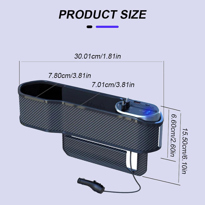 Wireless Charging Car Seat Gap Organizer with 40W USB-C/Lightning Fast Charge Cable Auto Center Console Storage Box