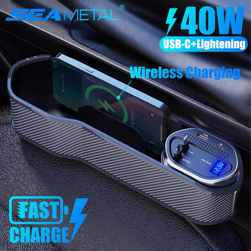 Wireless Charging Car Seat Gap Organizer with 40W USB-C/Lightning Fast Charge Cable Auto Center Console Storage Box