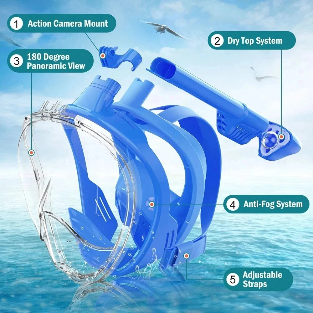 Full Face Snorkeling Mask Set for Kids & Adults - Anti-Fog, Safe Breathing, Scuba Diving Respirator - storedevanci
