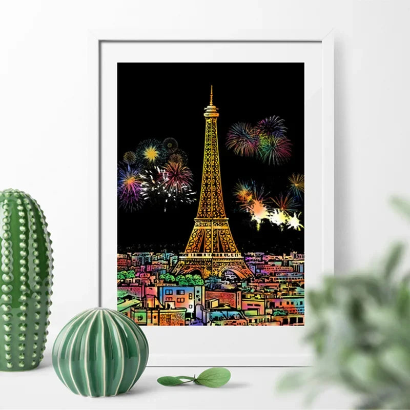 4 Pcs Magic Scratch Paper Set: City Night, Hot Air Balloon & Eiffel Tower - Creative Stress Relief Gift - storedevanci