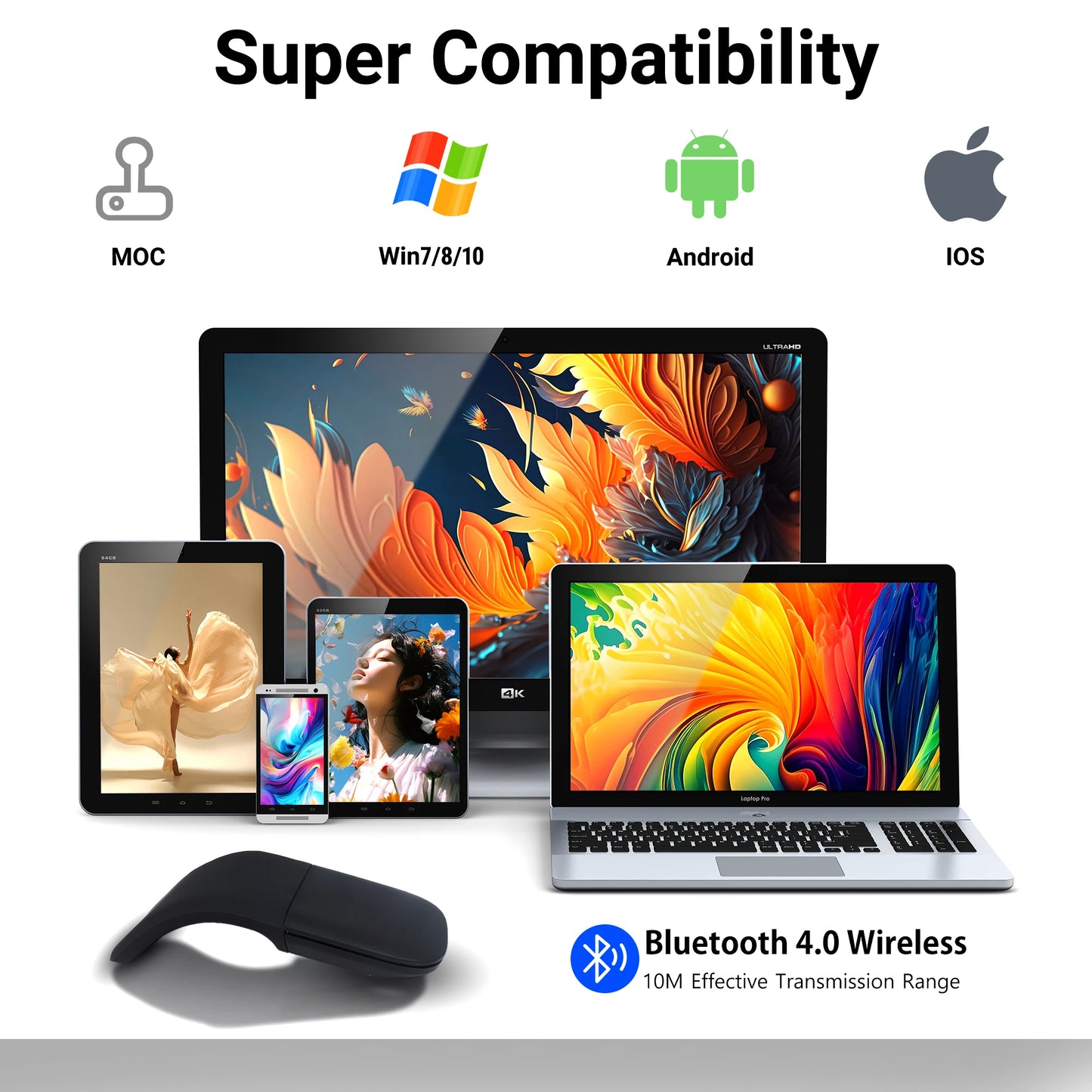 Ultra-Thin Bluetooth 4.0 Foldable Wireless Mouse – 1600 DPI, Mute & Portable for Laptop & Office