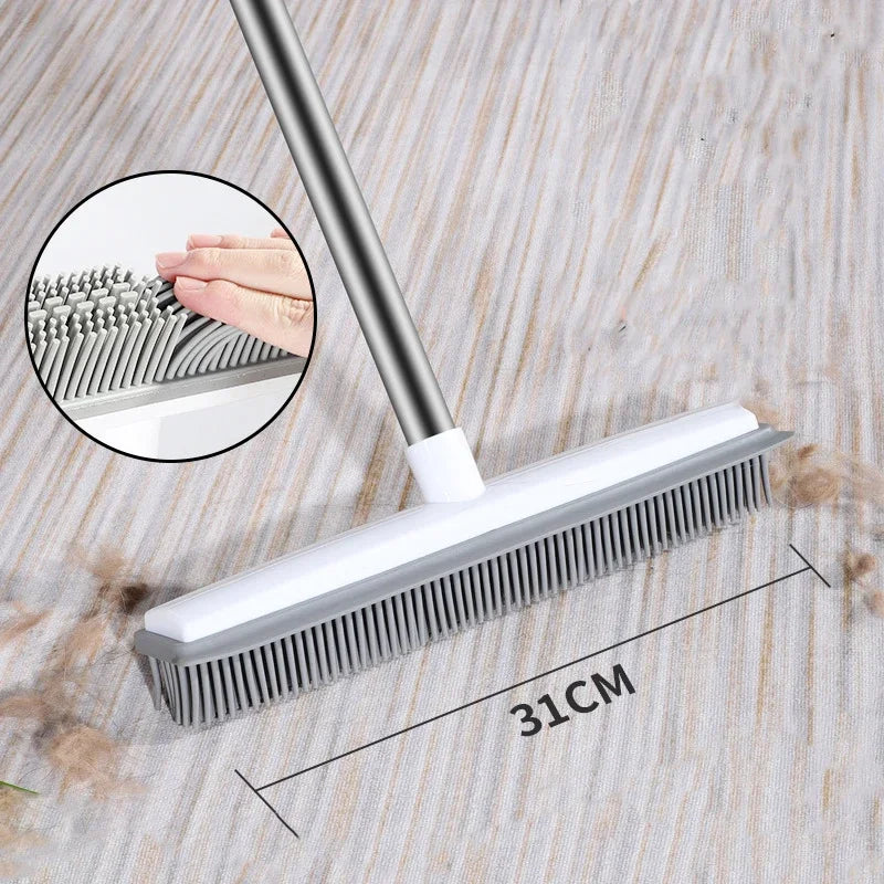 Rubber Broom Carpet Rake with Squeegee – Pet Hair & Fur Remover for Carpet & Hardwood Floors