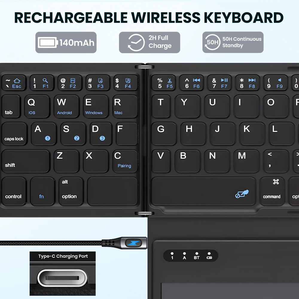 Portable Quadruple Folding Bluetooth Keyboard with Touchpad for Tablets & Phones