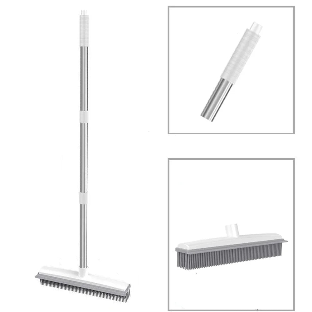 Rubber Broom Carpet Rake with Squeegee – Pet Hair & Fur Remover for Carpet & Hardwood Floors