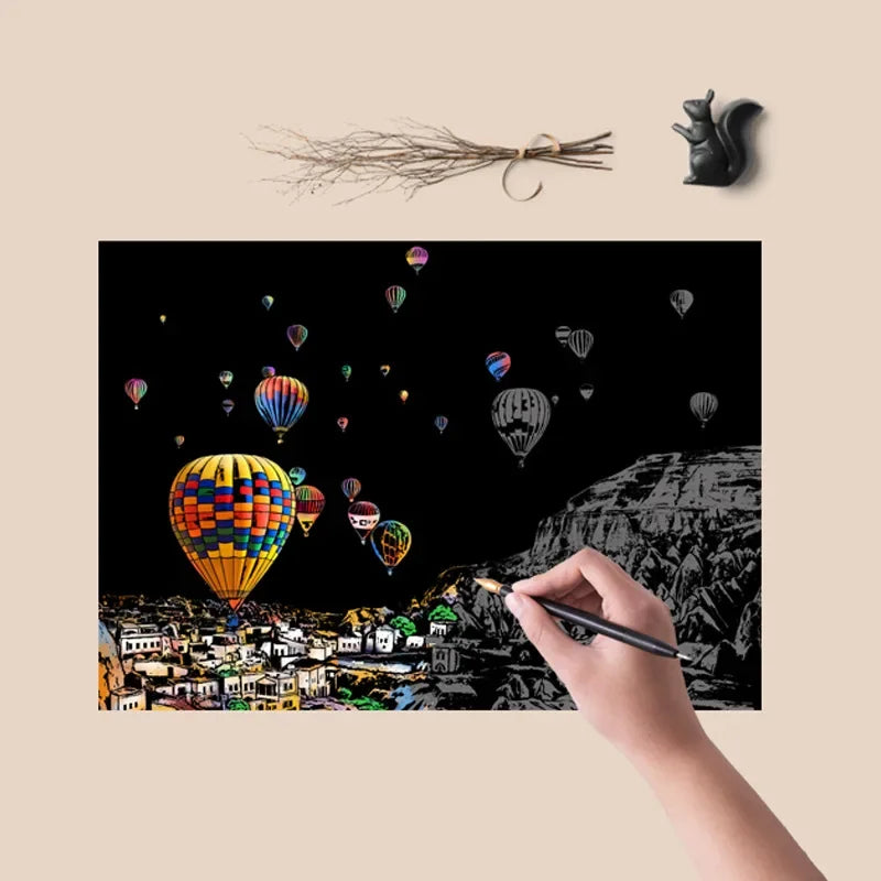 4 Pcs Magic Scratch Paper Set: City Night, Hot Air Balloon & Eiffel Tower - Creative Stress Relief Gift - storedevanci