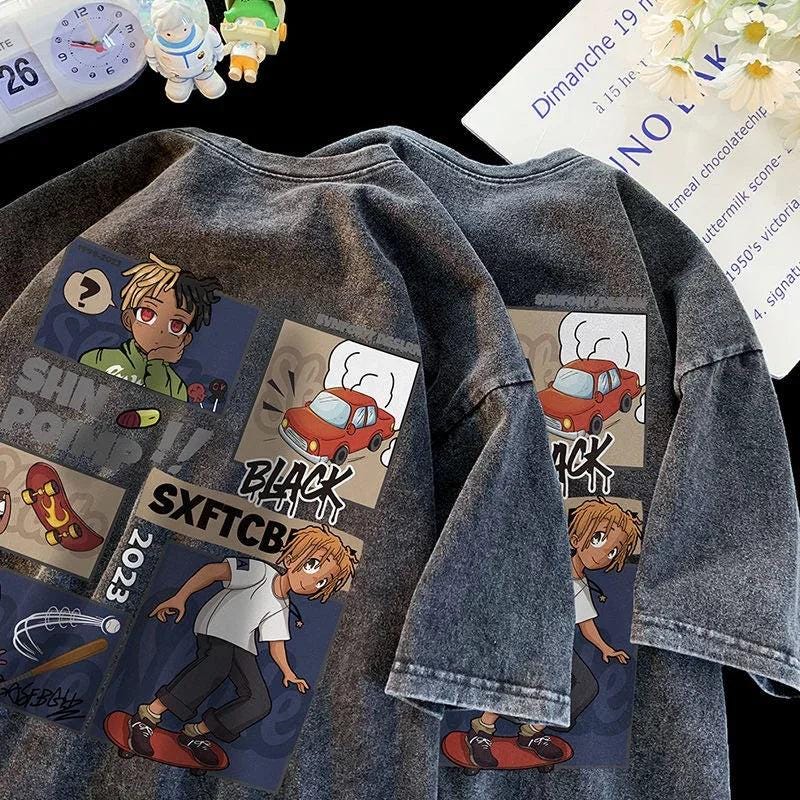 American trendy brand shirt sleeved retro cartoon t shirt heavyweight cotton washed old men five quarter sleeves oversize - storedevanci