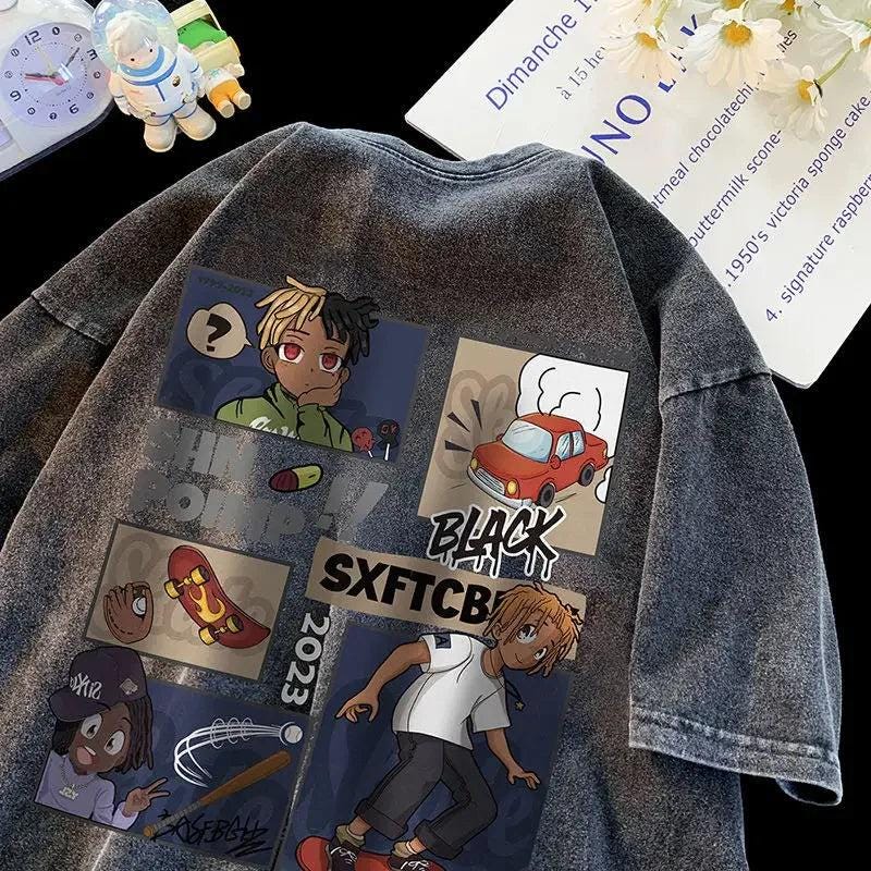American trendy brand shirt sleeved retro cartoon t shirt heavyweight cotton washed old men five quarter sleeves oversize - storedevanci
