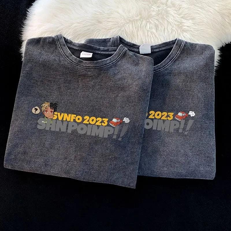 American trendy brand shirt sleeved retro cartoon t shirt heavyweight cotton washed old men five quarter sleeves oversize - storedevanci