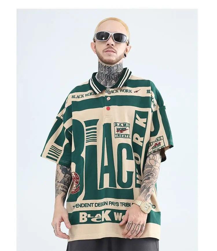 American retro color matching loose polo shirt men summer trendy brand hiphop short sleeved t shirt half sleeved trendy t-shirt - storedevanci