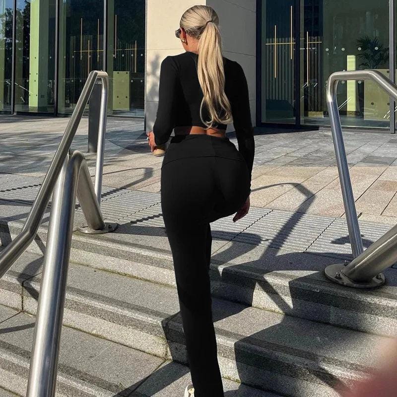 Hawthaw Women 2024 Spring Autumn Long Sleeve Crop Tops Long Pants Two Piece Matching Sets Outfits Streetwear - storedevanci