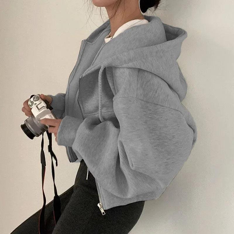 Autumn|winter Fashion Cropped Slims Zip-up Warm Solid Sweatshirt For Women - storedevanci