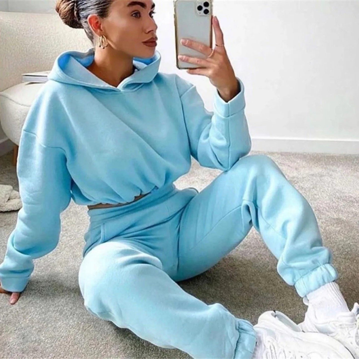 Two Piece Sets Women Sweatshirt Solid Sports Hoodie Sportswear - storedevanci