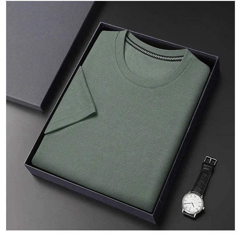 New Summer Waffle Round Neck Short Sleeved T-shirt for Men's Short Sleeved Top - storedevanci