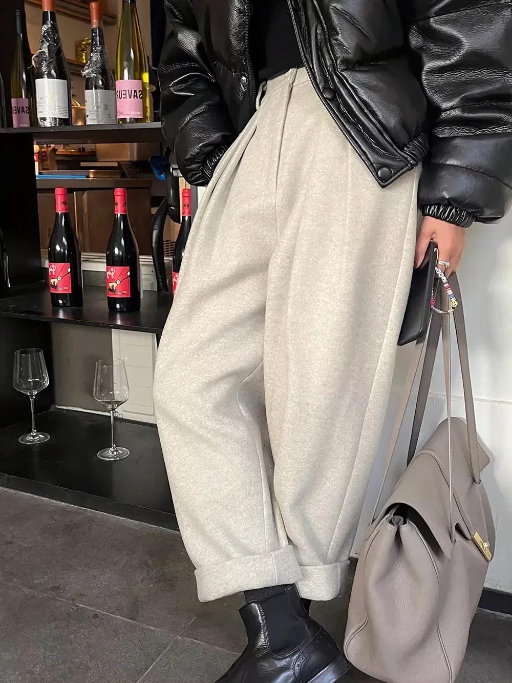 Chic Women Casual Loose Pockets Woolen Suit Pants Autumn Winter High Waist Thicken Korean Ladies Solid Harem Trousers - storedevanci