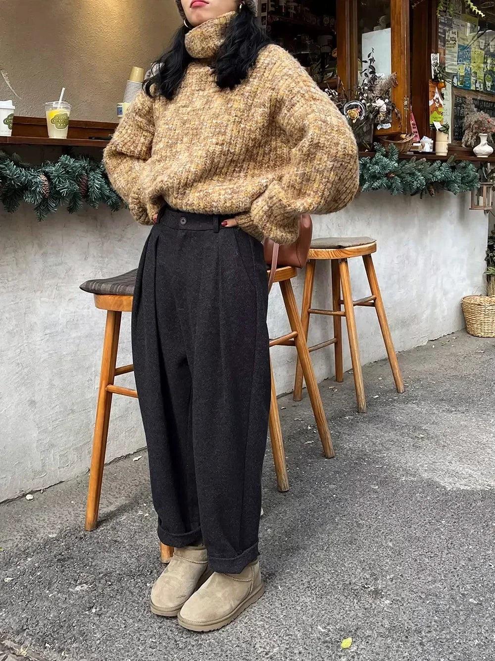 Chic Women Casual Loose Pockets Woolen Suit Pants Autumn Winter High Waist Thicken Korean Ladies Solid Harem Trousers - storedevanci