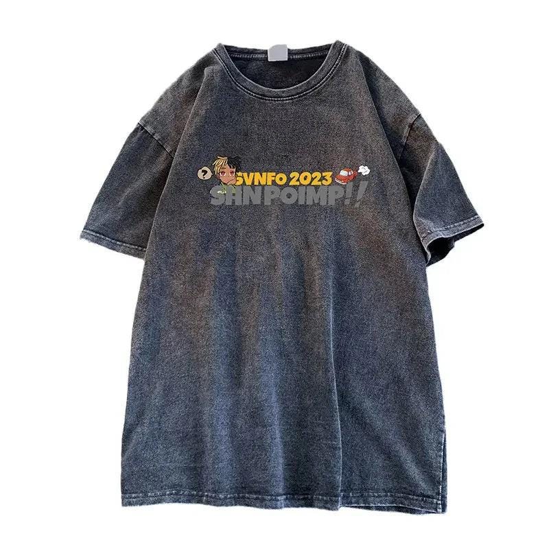 American trendy brand shirt sleeved retro cartoon t shirt heavyweight cotton washed old men five quarter sleeves oversize - storedevanci
