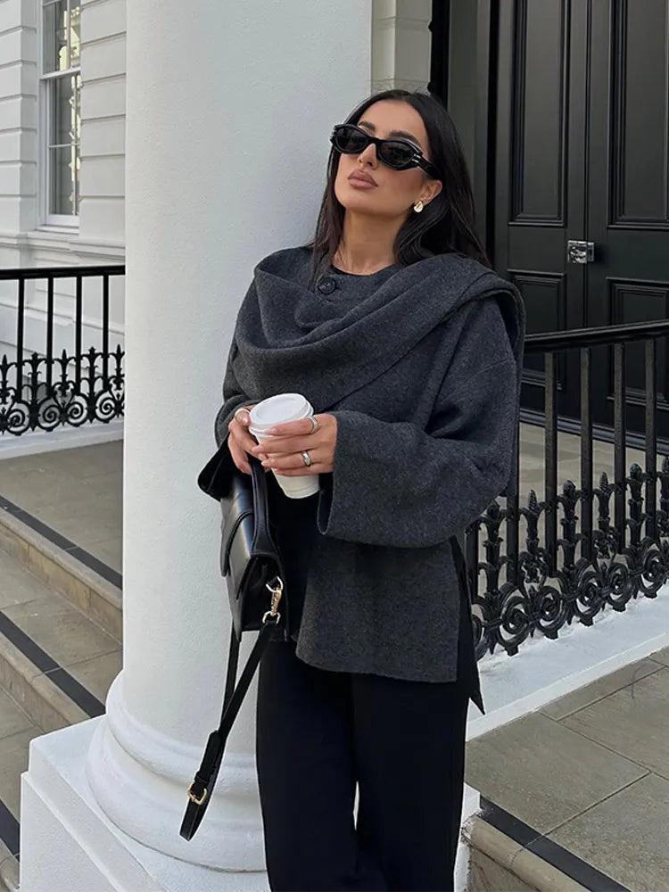 Scarf Collar Woolen Coat For Women - storedevanci