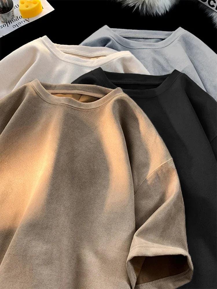 New Retro Suede T-Shirt Men Women Anti-Wrinkle Loose Crew Neck Casual Tshirts Summer Short Sleeve Fashion High Street T Shirt - storedevanci