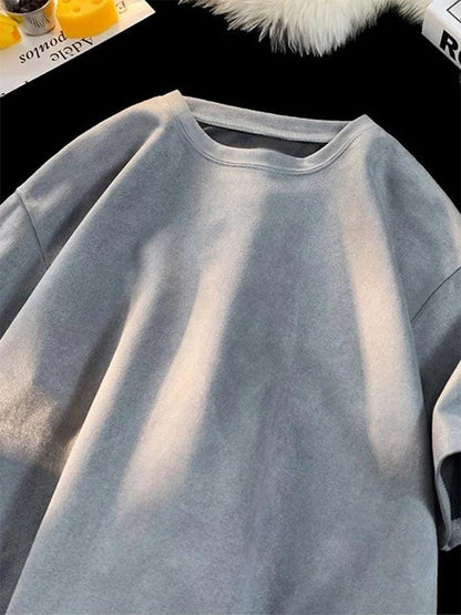 New Retro Suede T-Shirt Men Women Anti-Wrinkle Loose Crew Neck Casual Tshirts Summer Short Sleeve Fashion High Street T Shirt - storedevanci